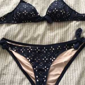 J. Crew Bikini Navy Blue Laser Cut Design